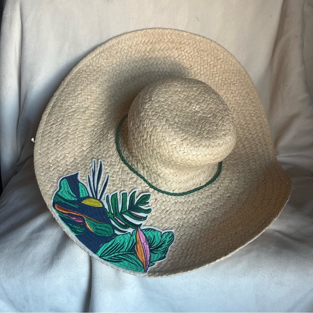 Straw Sun Hat with Green Tropical Embroidery